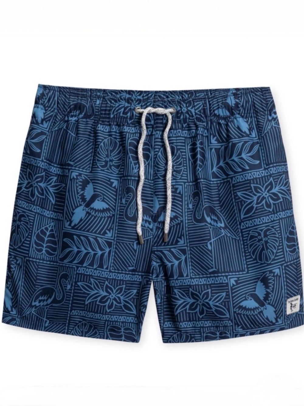 Men's Navy Tropical Print Swim Trunks with Drawstring Waist Size L NWT